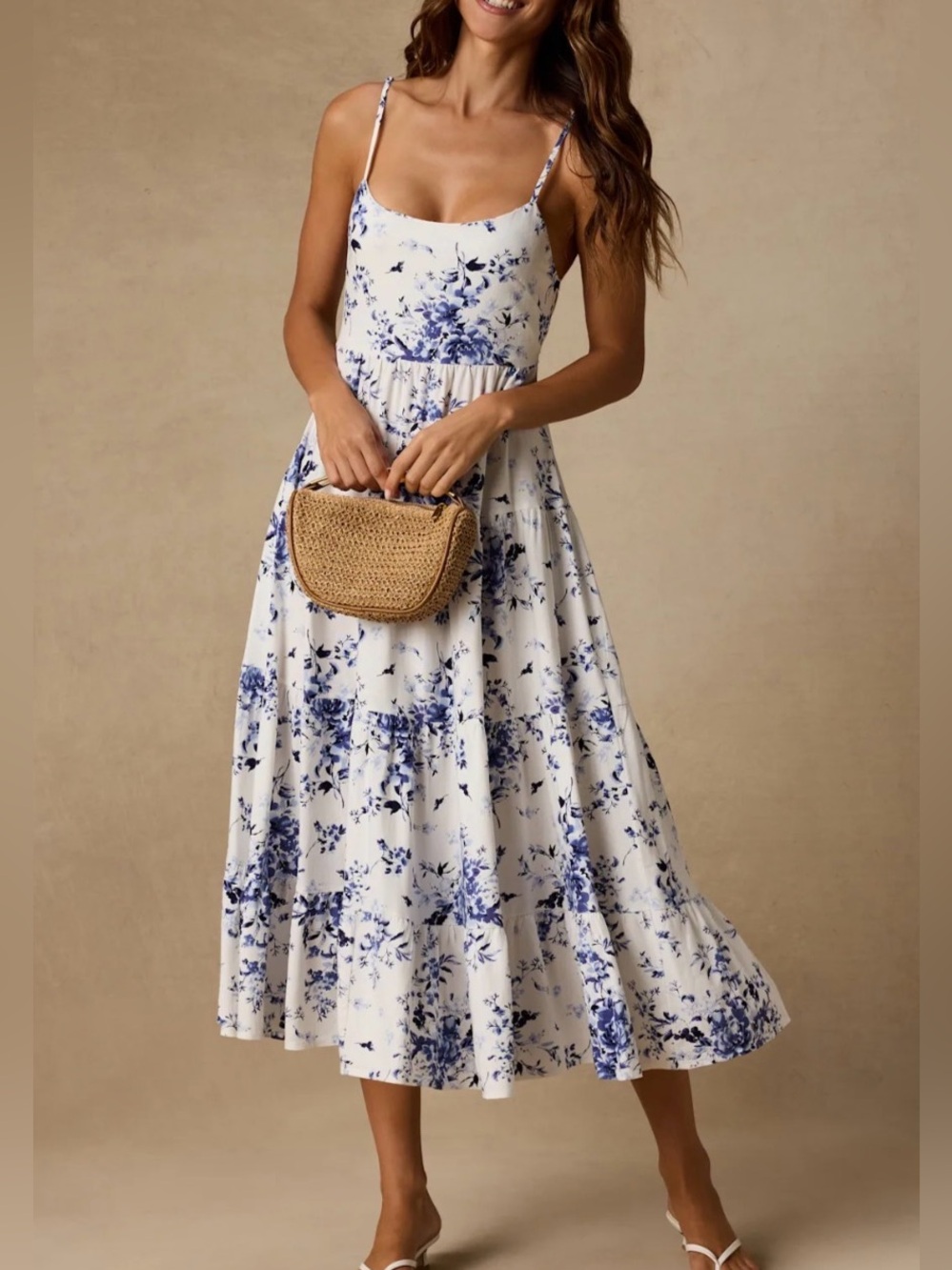 Lulus Mykonos Mood Ivory Floral Print Tie-Strap Tiered Midi Dress S